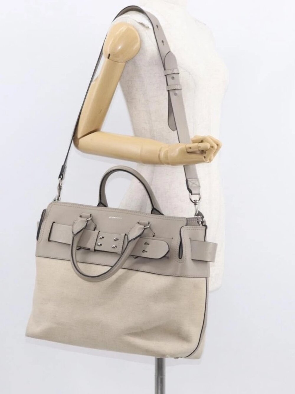 BURBERRY Medium Belt Bag Hand Bag Canvas 2way Beige Silver Auth 149727 - Picture 15 of 16